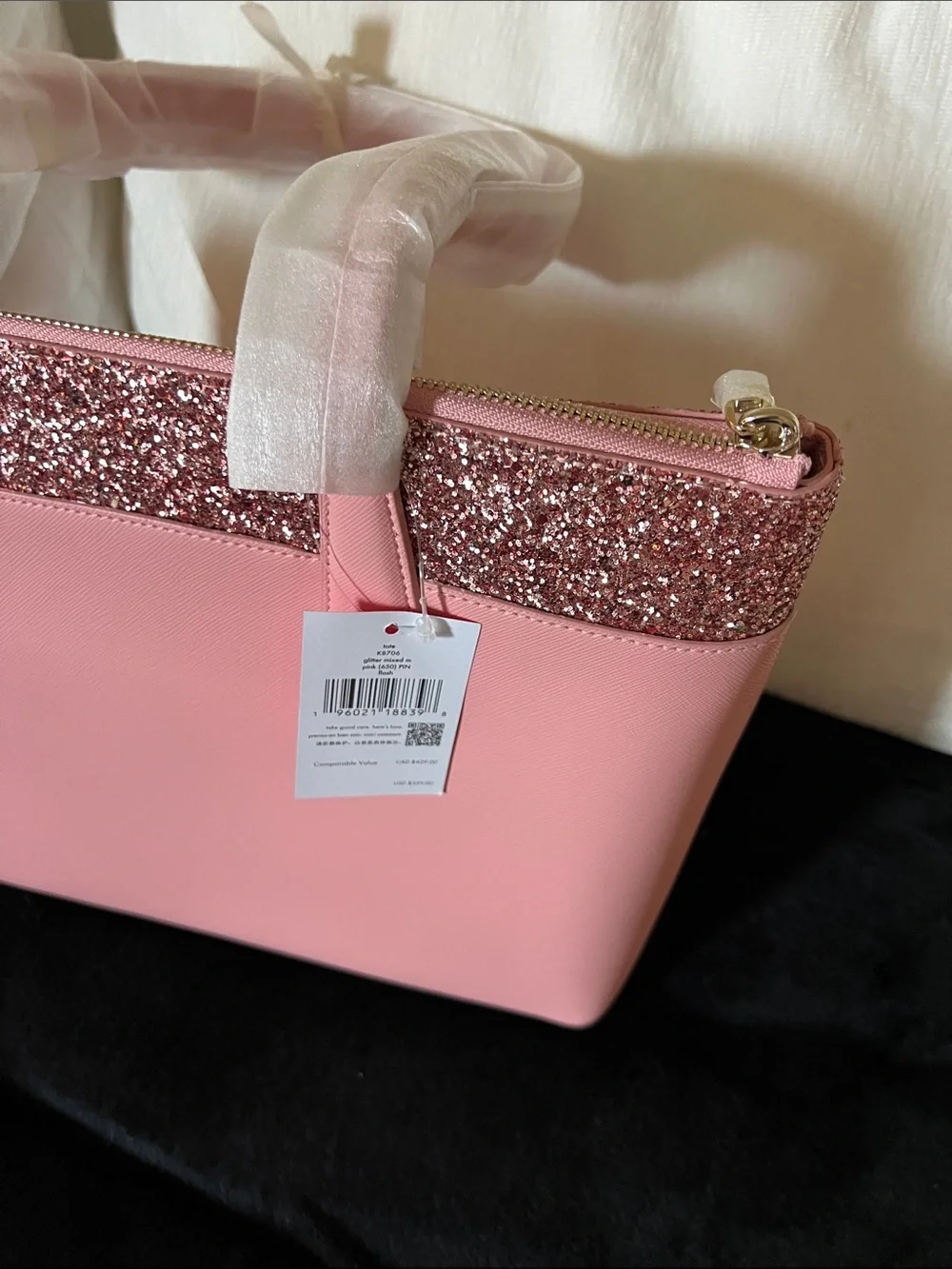 NWT Kate spade Pink Tote with Pink Glitter Trim